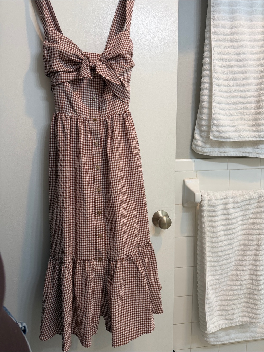 Gingham Button-Front Midi Dress with Tie Bodice - Brown
